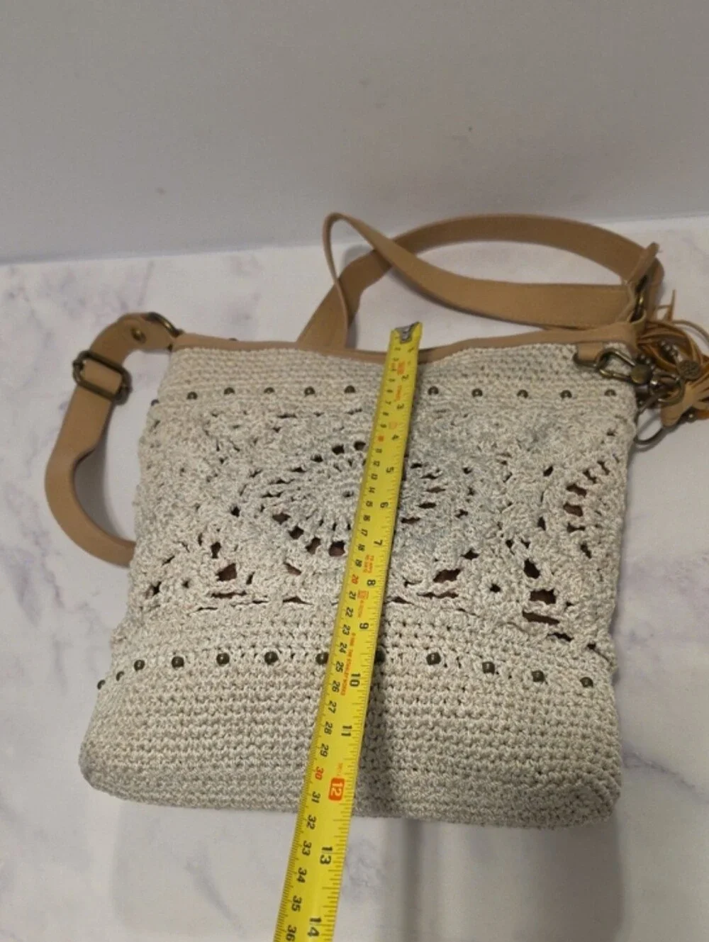 The Sak Crochet Pattern Crossbody Bag with Tan Trim
